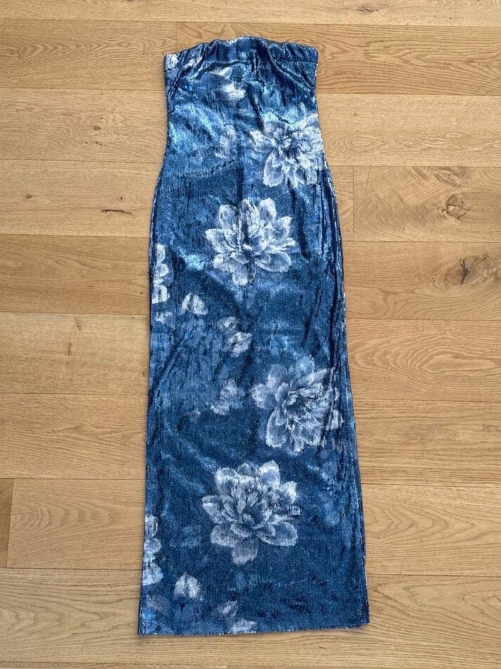 Lulu's - Glowing Wonder Floral Sequin Strapless Maxi Dress in Blue & Silver